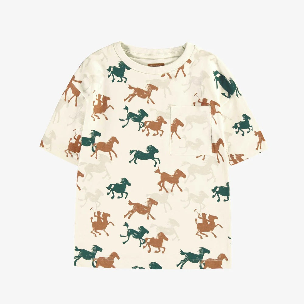 Cream T-Shirt in Slub Jersey With Horse All Over Print