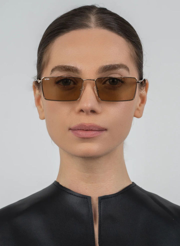 gold square metal sunglasses with brown lens