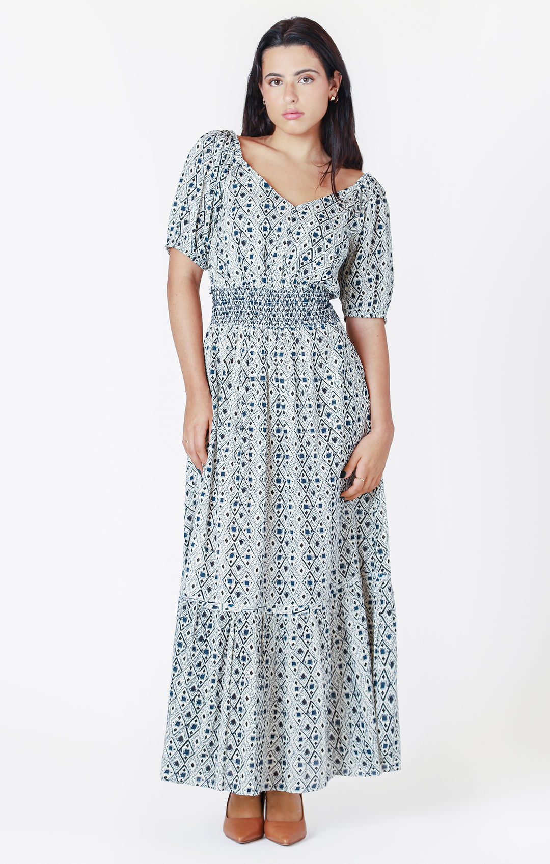 Puffy Short Sleeves with elastic around the bottom, Smocking around the waist, V Front, Tiered Maxi Style, Geometric Print