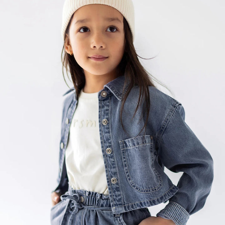 Shortened medium blue denim shirt jacket
