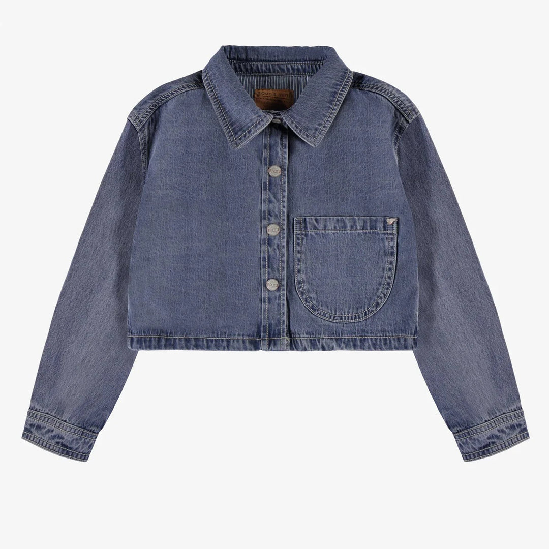 Shortened medium blue denim shirt jacket