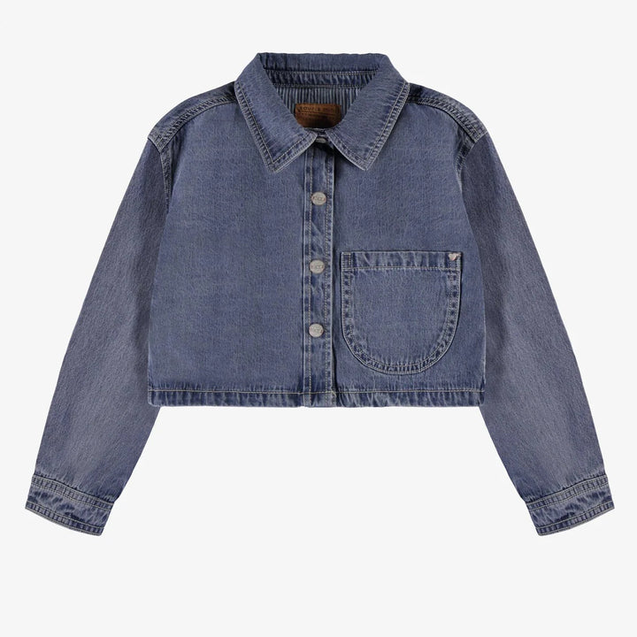 Shortened medium blue denim shirt jacket