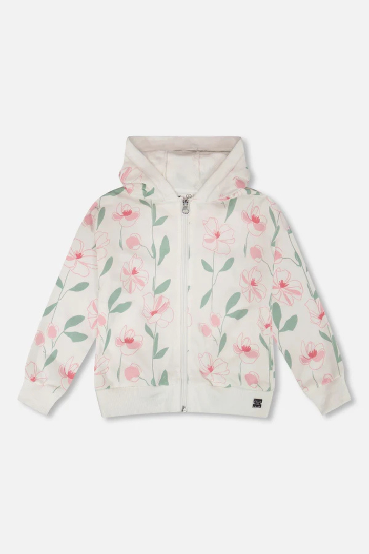 French Terry Hoodie Off White Printed Flowers