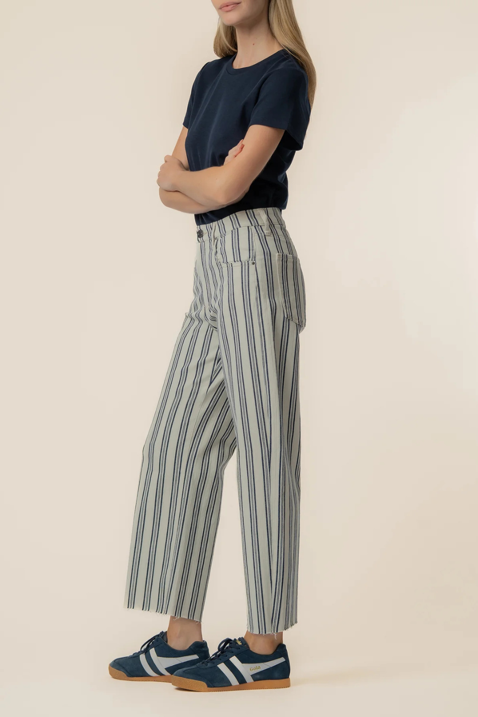 Gwen Stripe Twill High Rise Wide Straight Leg in Navy/Ivory KUT