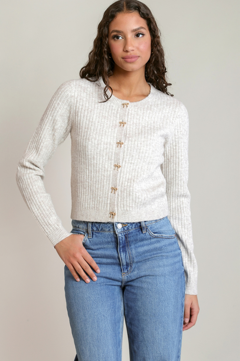Dex Maris Bow-Button Cropped Cardigan