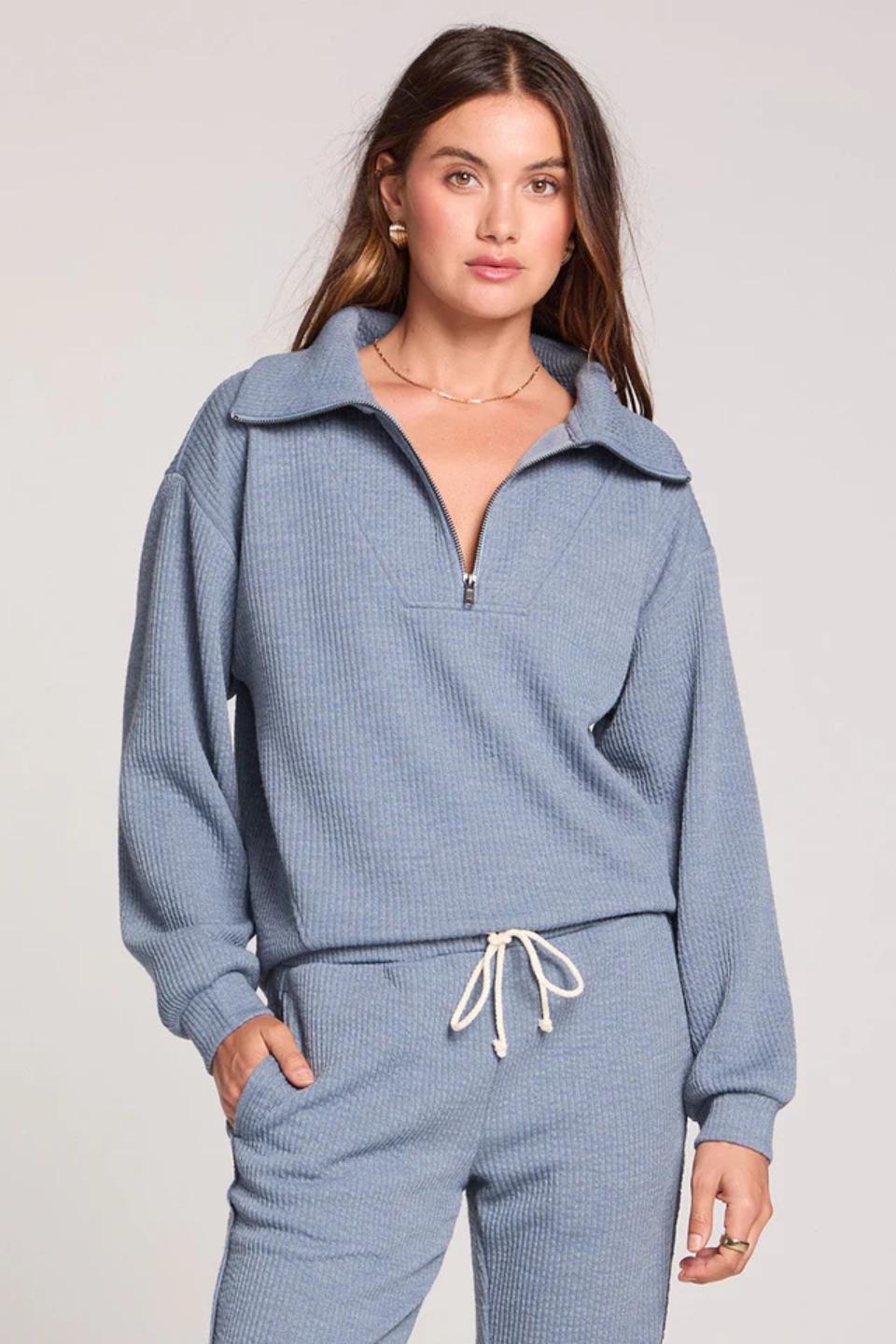 SALTWATER LUXE Half Zip Worn Blue Seam Pullover - Hot Peppers Clothing