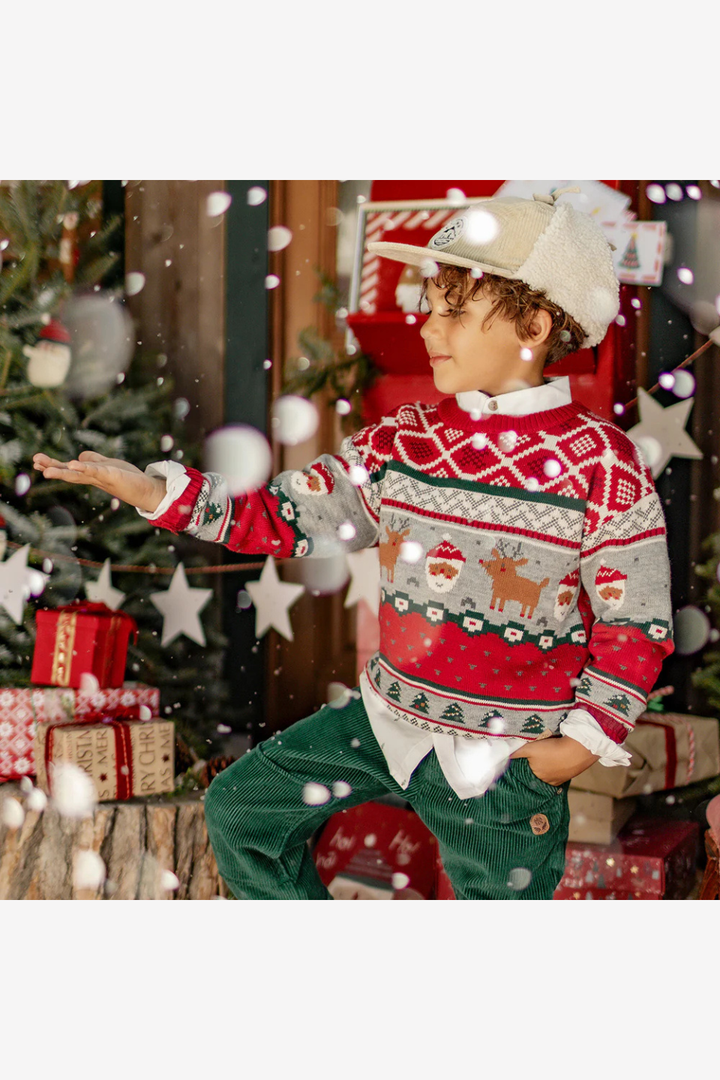 Red knit sweater with festive patterns