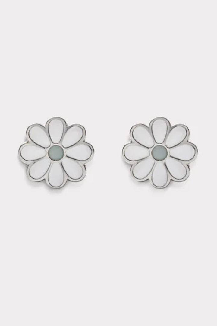 BIZOU Mini Silver Earrings with White Flowers in Stainless Steel BIZOU