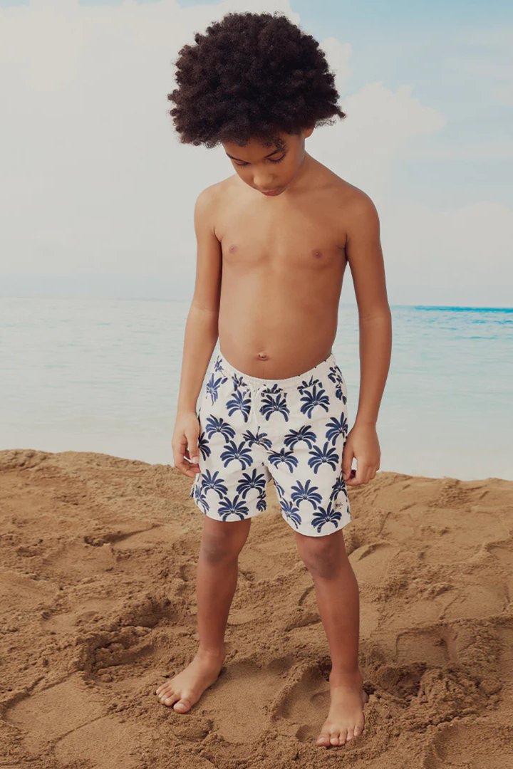 Palm Trees Print on Beige Swim Trunks - Hot Peppers Clothing