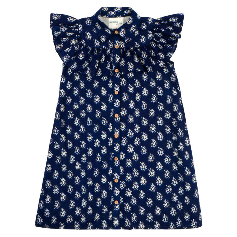 Frilled Bib Shirt Dress in Dark Blue