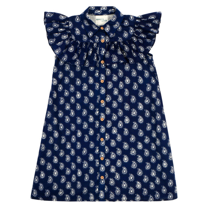 Frilled Bib Shirt Dress in Dark Blue