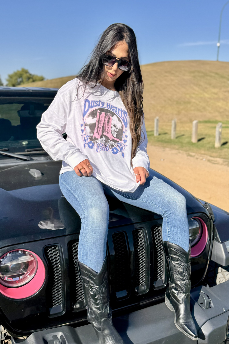 Dusty Hearts Club White Relaxed Fit LS Tee