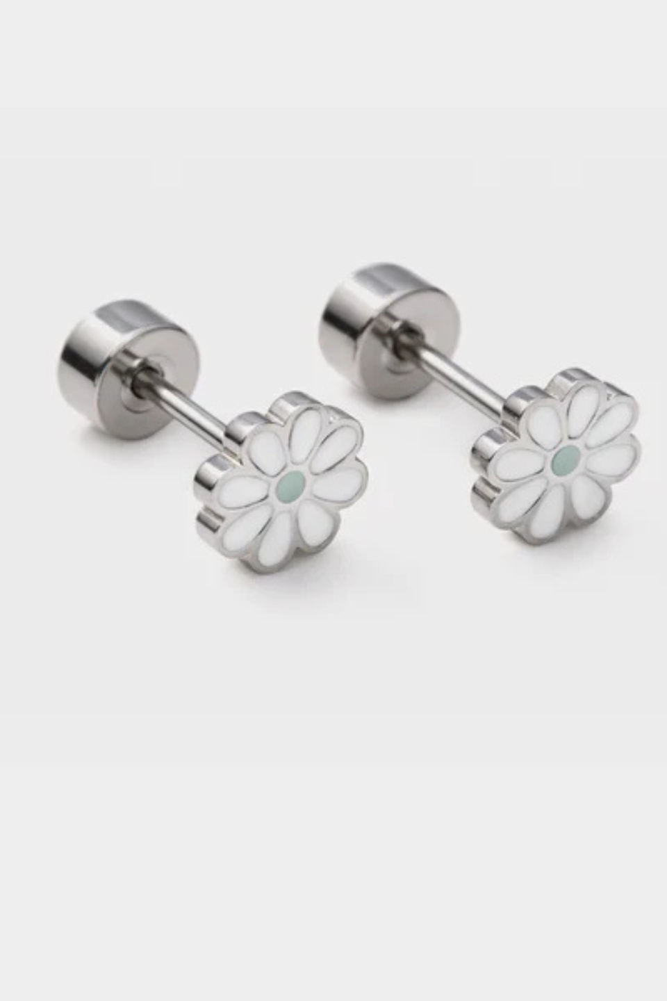 BIZOU Mini Silver Earrings with White Flowers in Stainless Steel BIZOU