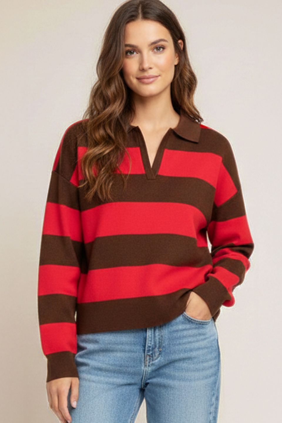 Black Tape Noelle Striped Knit Polo Shirt