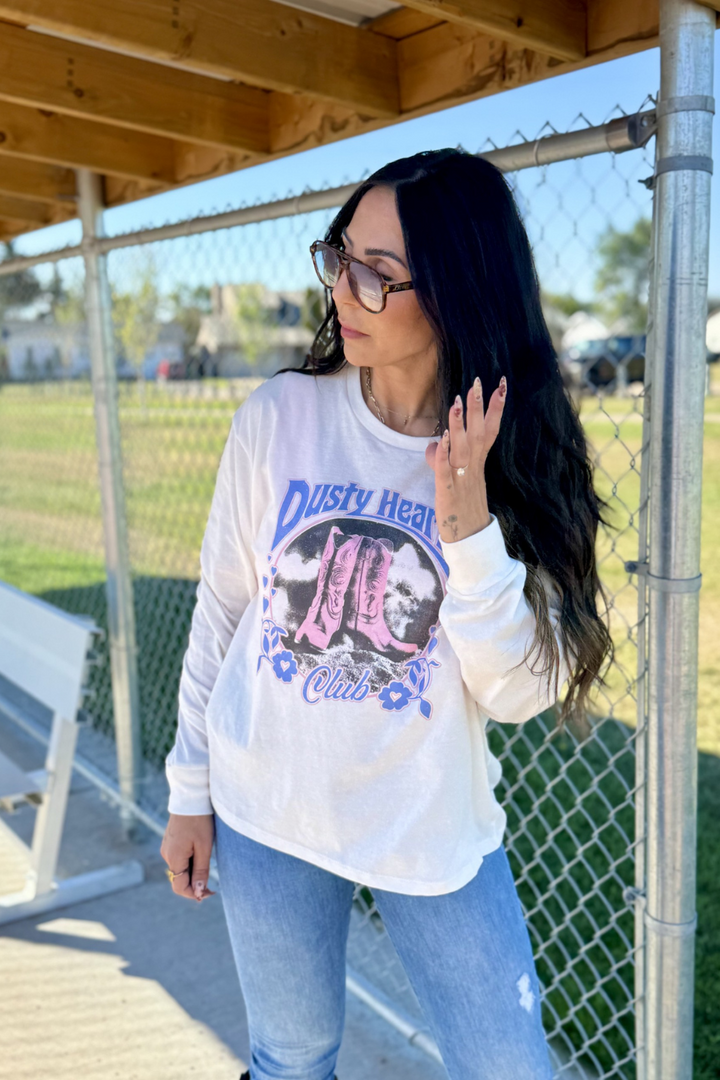 Dusty Hearts Club White Relaxed Fit LS Tee