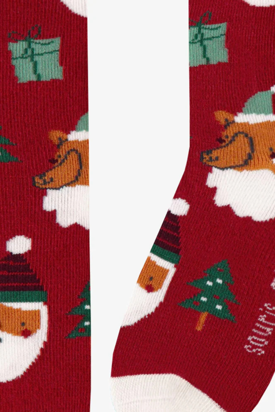 Red socks with festive patterns