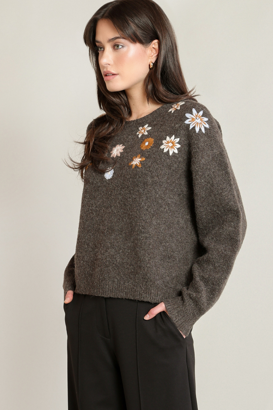 Black Tape Lavelle Embroidered Flower Sweater