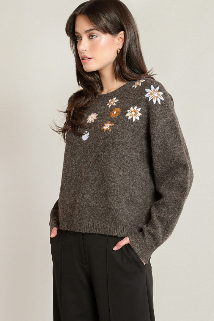Black Tape Lavelle Embroidered Flower Sweater