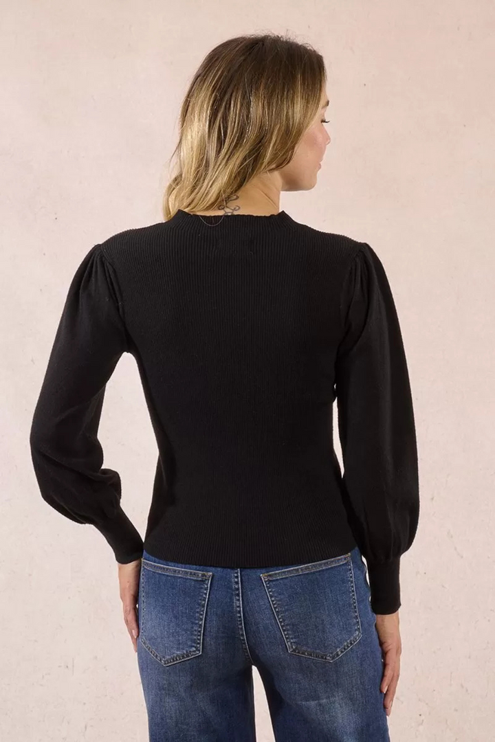 Bi-material sweater with puffed sleeves
