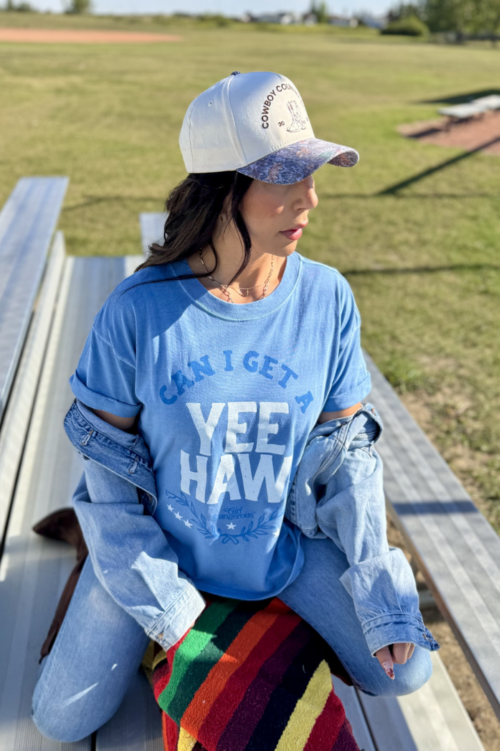 Can I Get A Yeehaw Denim Blue Boyfriend Tee