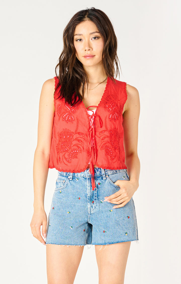 Embroidered Tie-Front Top