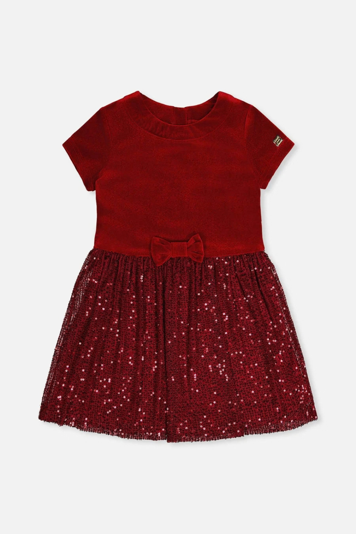 Deux Par Deux Bi-Material Short Sleeve Dress With Glittering Skirt Red