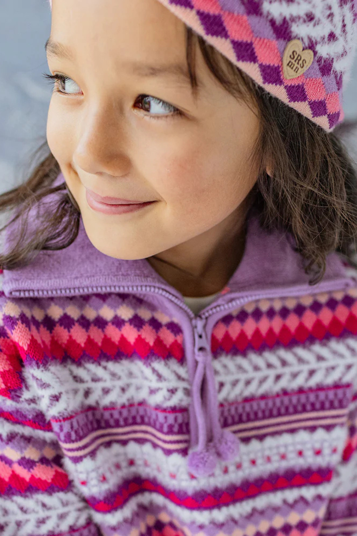 Purple knit sweater with patterns