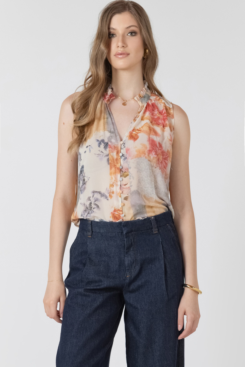 Angela Flowy Button-Front Blouse