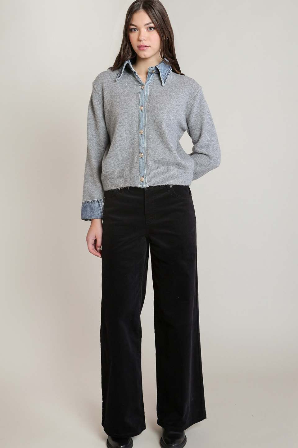 Dex Mira Denim-Trim Sweater Cardigan