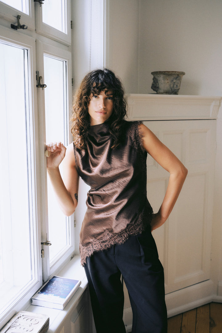 b.young Joyous Lace-Trim Satin Blouse
