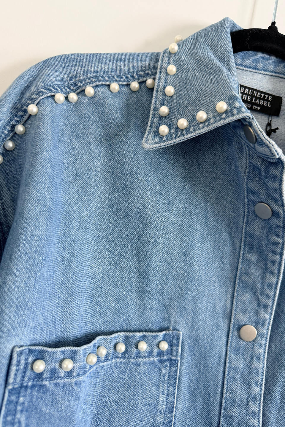 BRUNETTE The Label Shania Denim Jacket in Blue with Pearls - Hot Peppers Clothing