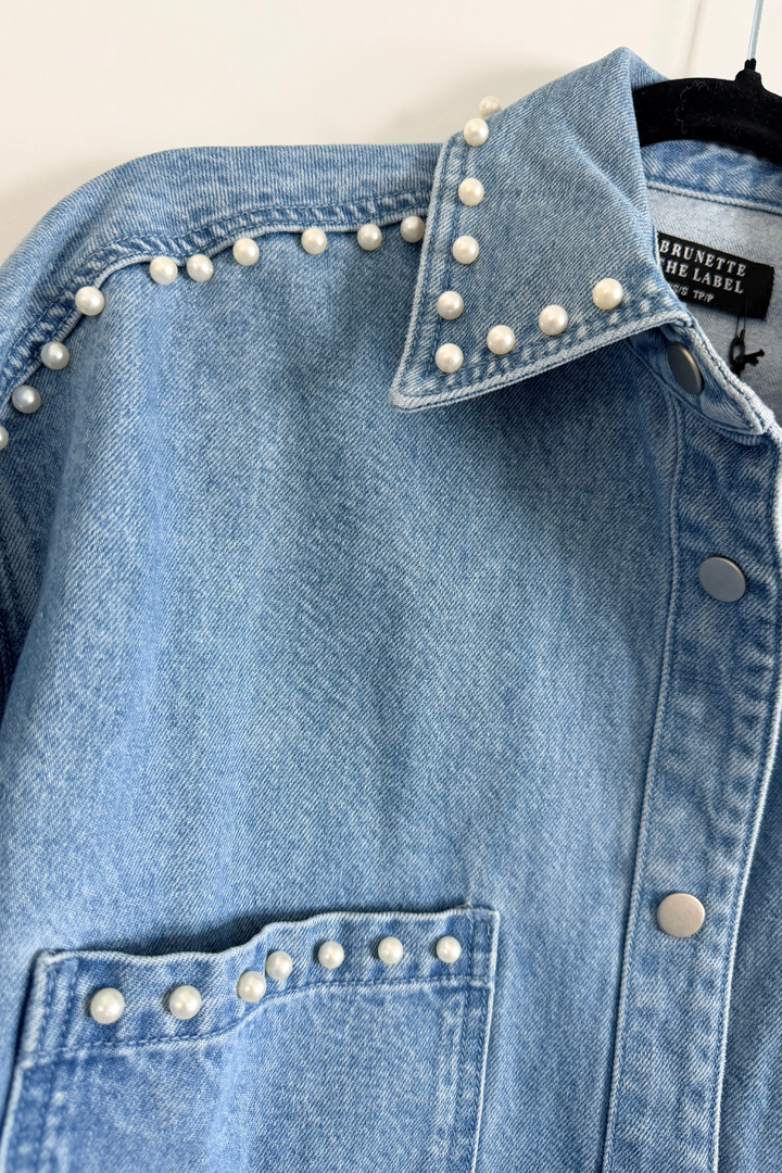 BRUNETTE The Label Shania Denim Jacket in Blue with Pearls - Hot Peppers Clothing