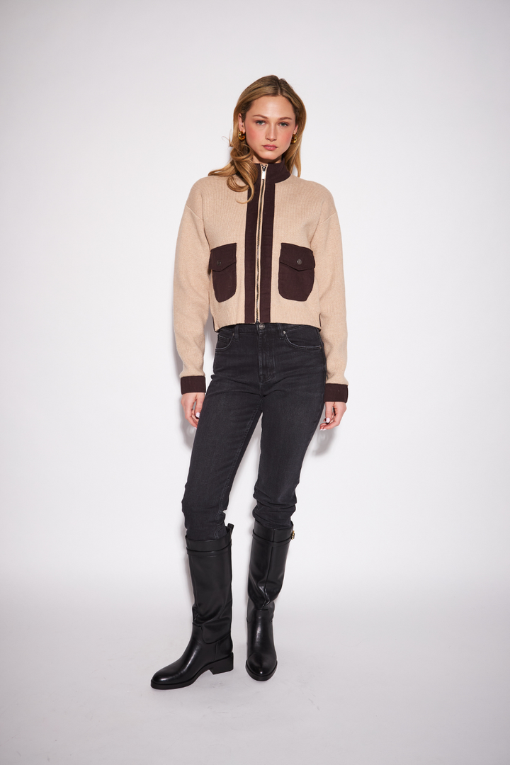 John + Jenn Camilla Contrast Zip-Up Cardigan