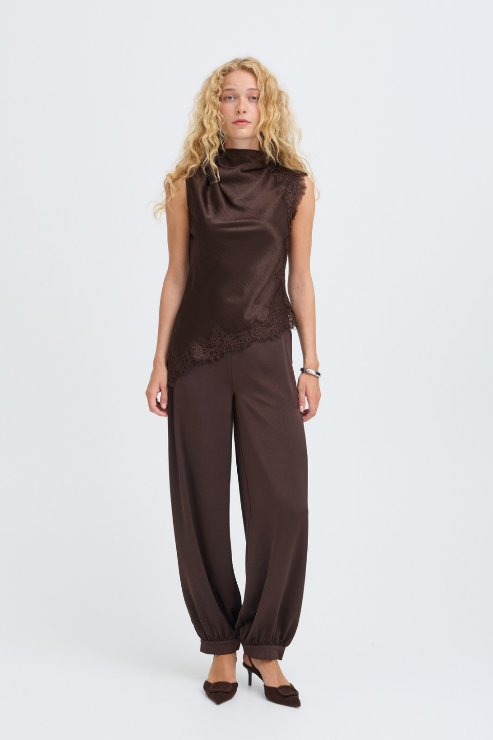 b.young Joyous Lace-Trim Satin Blouse