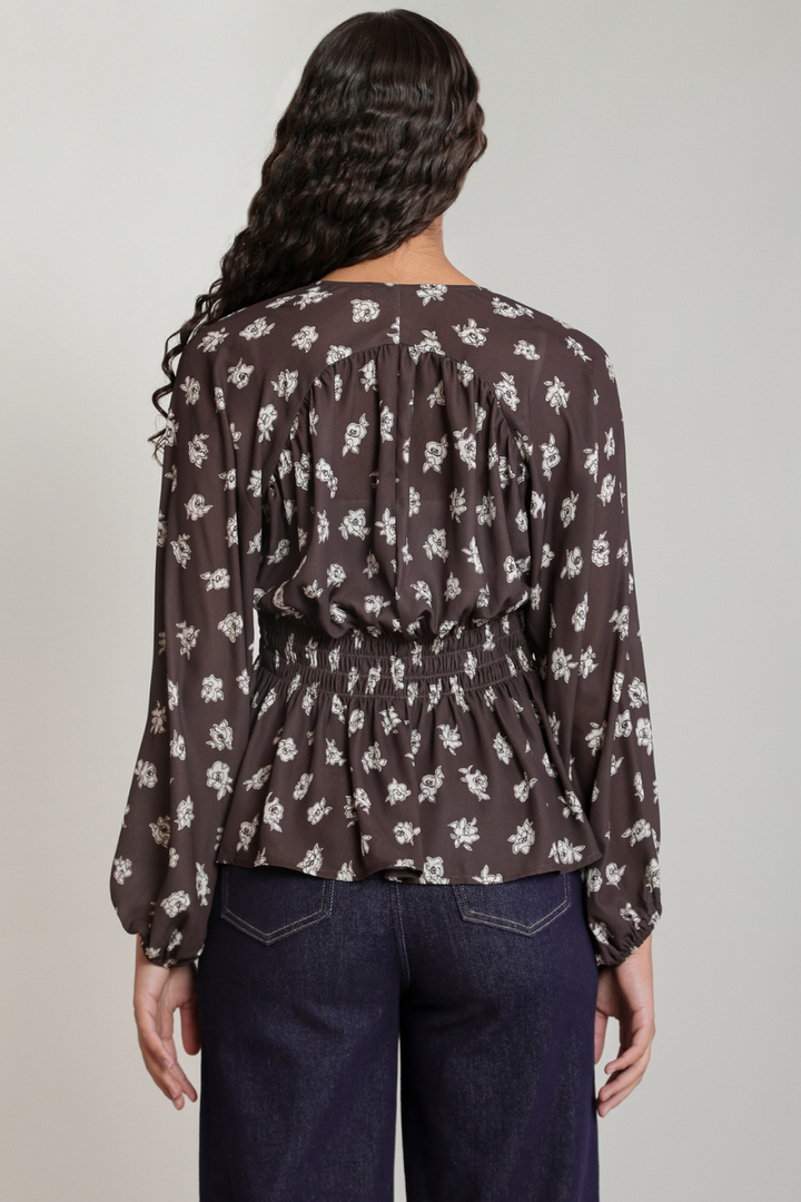 Dex Phoebe Floral Smocked-Waist Blouse