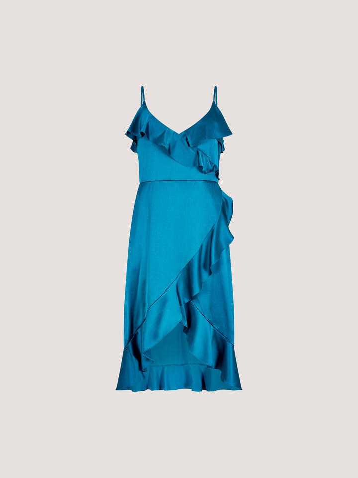Ruffle Wrap Satin Midi Dress