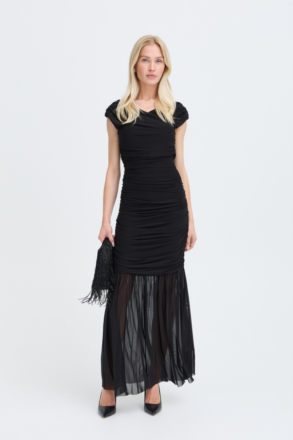 b.young Toa Ruched Mesh Maxi Dress