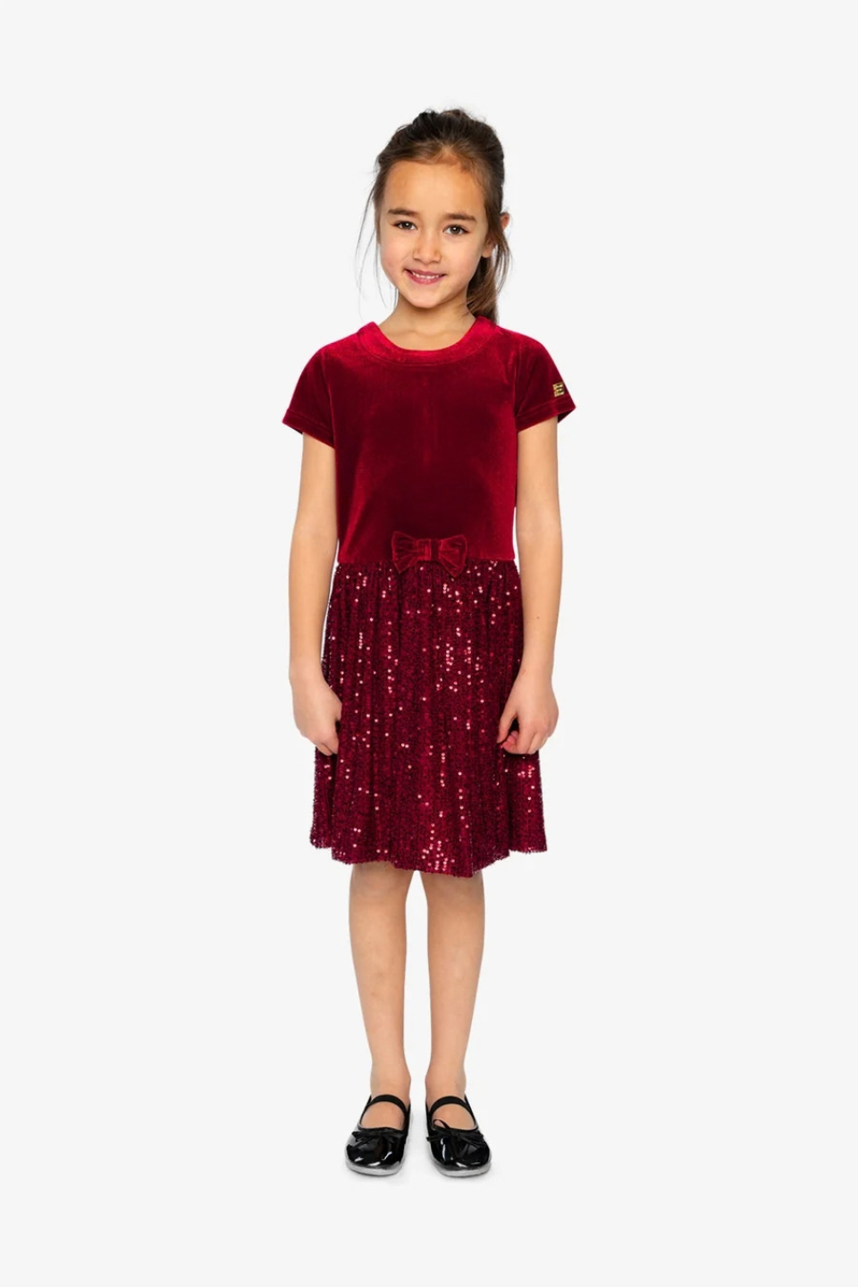 Deux Par Deux Bi-Material Short Sleeve Dress With Glittering Skirt Red