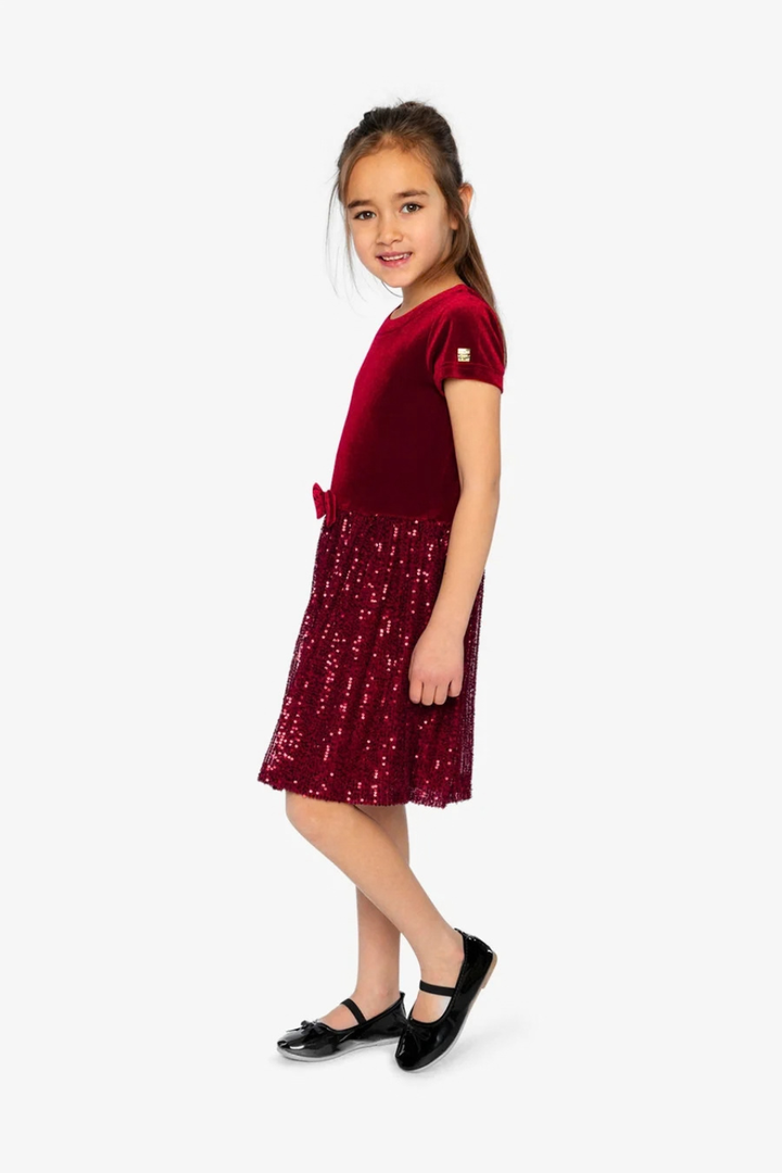 Deux Par Deux Bi-Material Short Sleeve Dress With Glittering Skirt Red