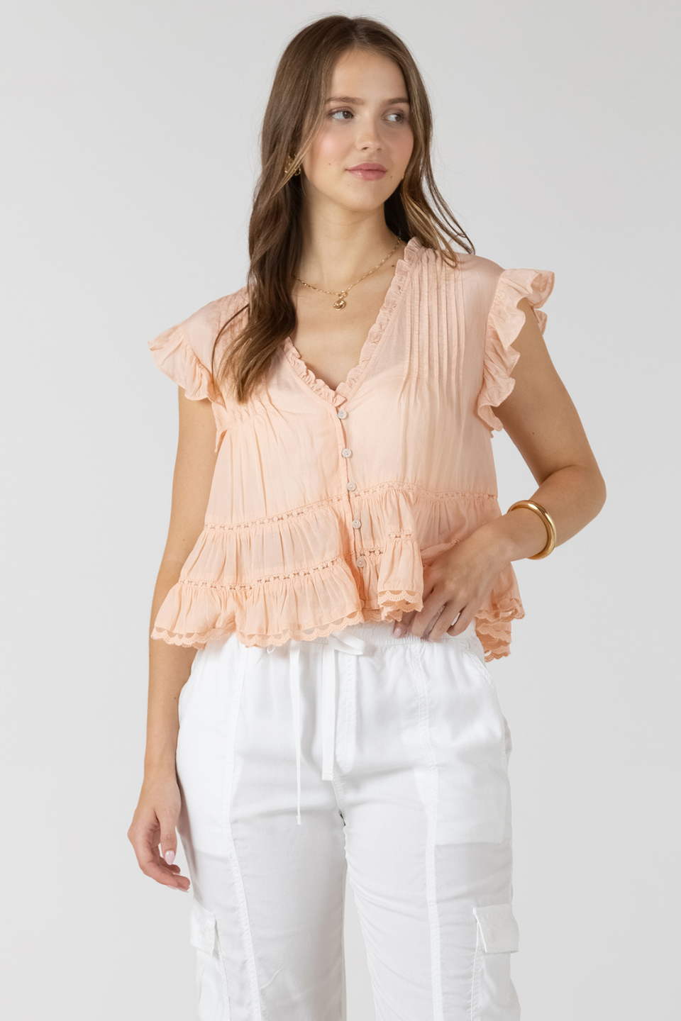Dex Clementine Lace Trim Soft Peplum Blouse DEX