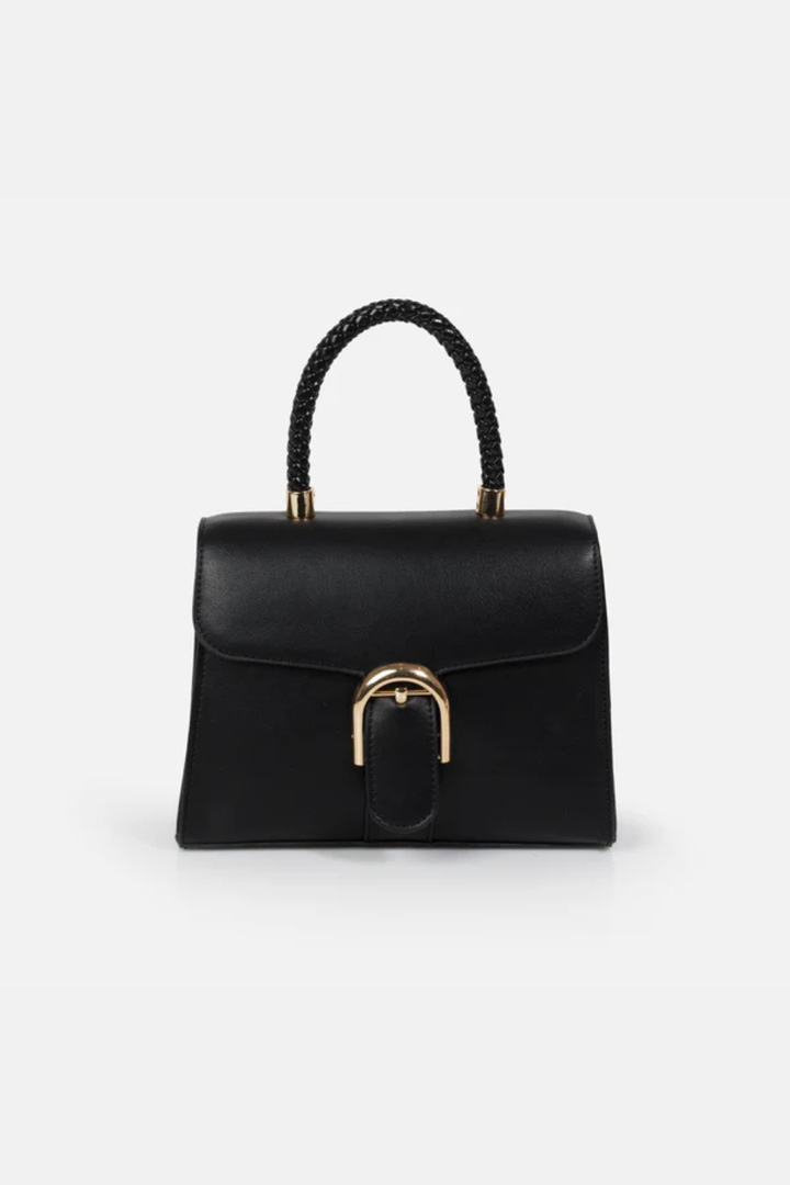 Black smooth PU handbag with braided handle - Hot Peppers Clothing