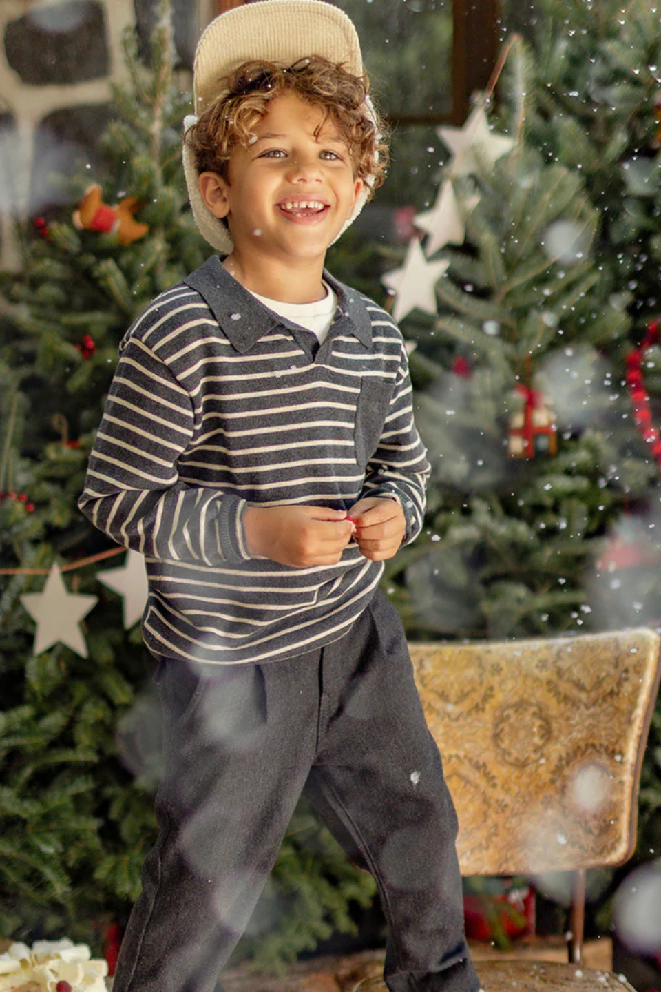 Gray striped knit polo shirt