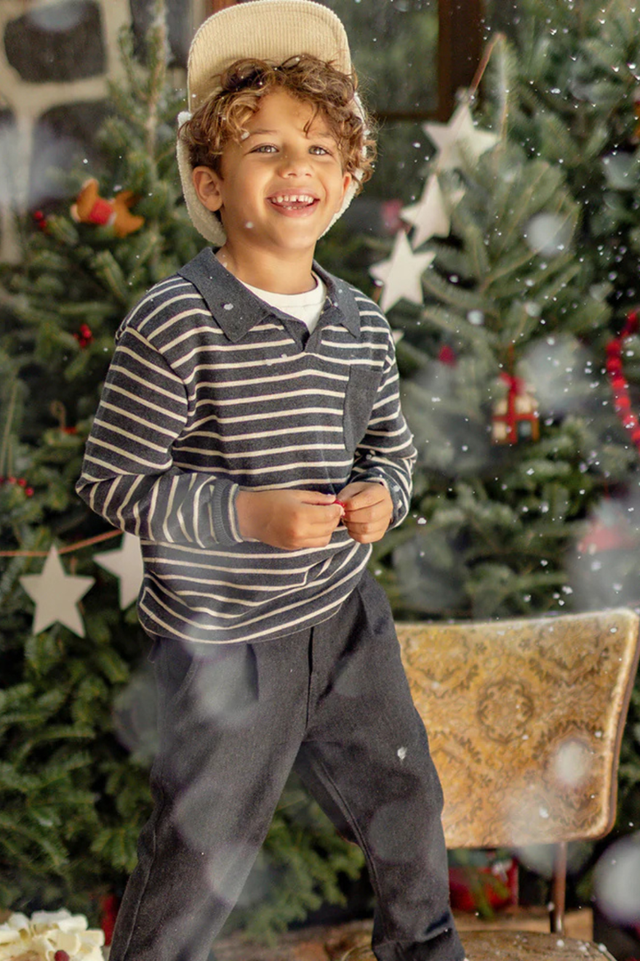 Gray striped knit polo shirt