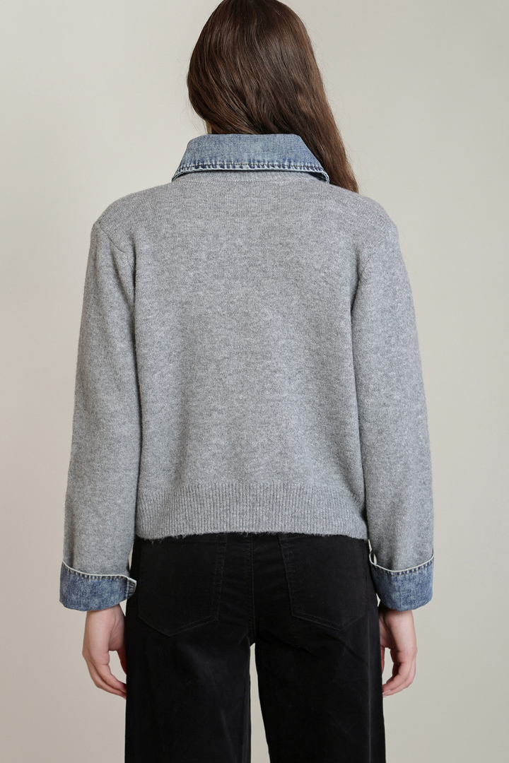 Dex Mira Denim-Trim Sweater Cardigan