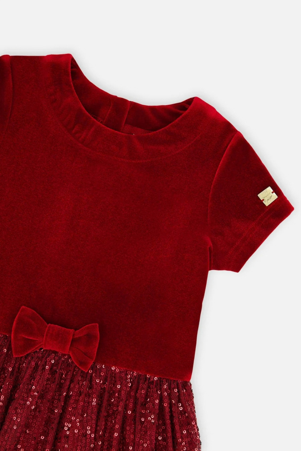 Deux Par Deux Bi-Material Short Sleeve Dress With Glittering Skirt Red