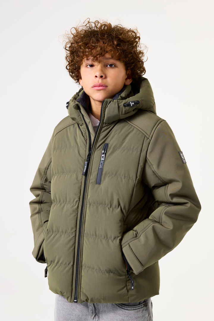 Green softshell puffer jacket