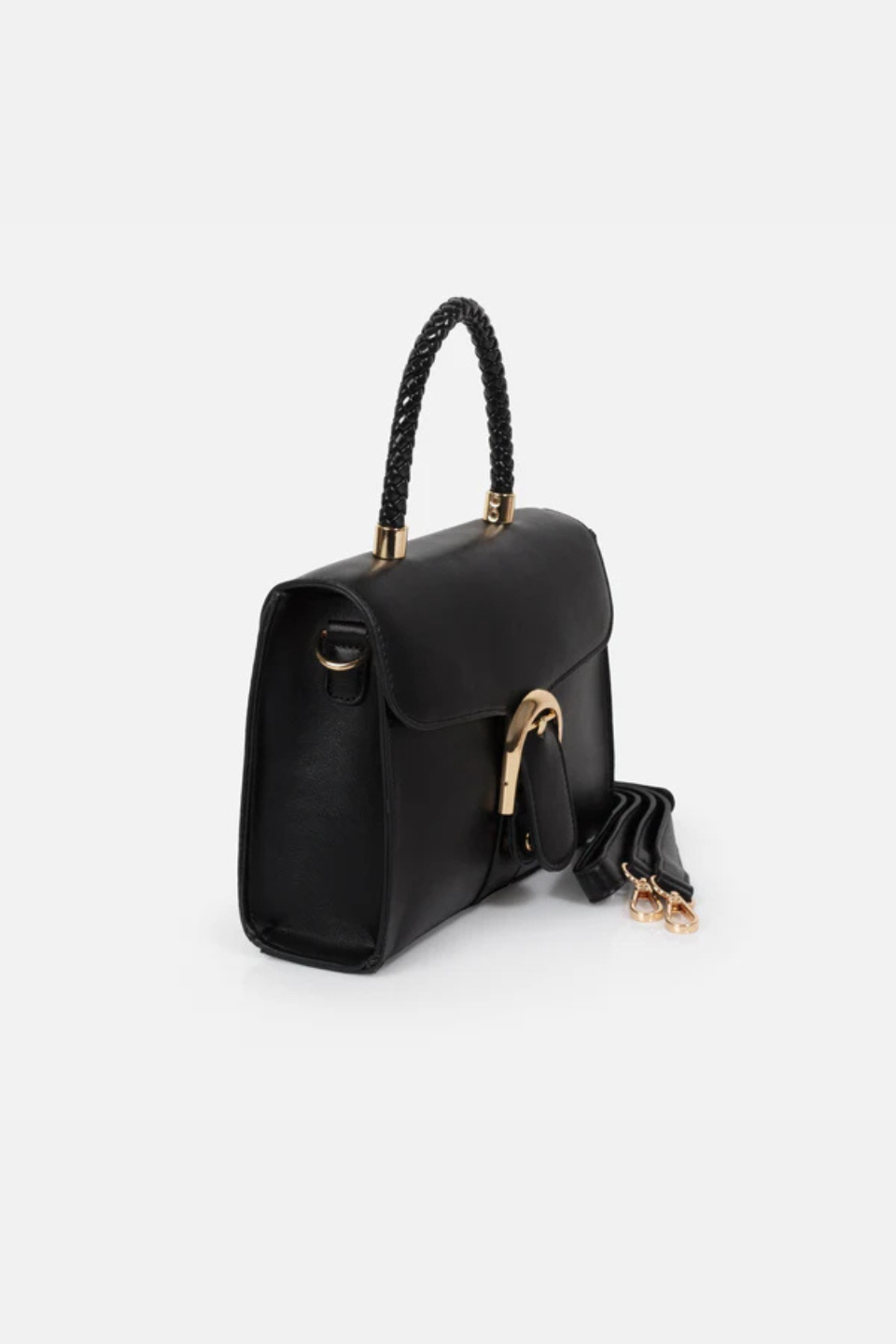 Black smooth PU handbag with braided handle - Hot Peppers Clothing