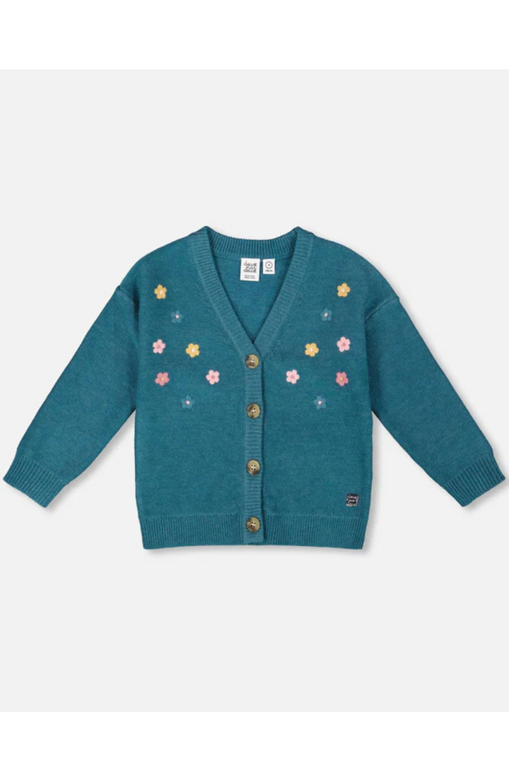 Dark green knit cardigan with flower embroidery
