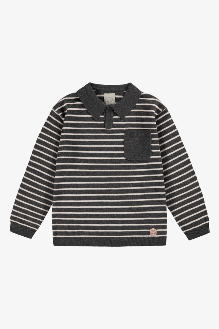 Gray striped knit polo shirt