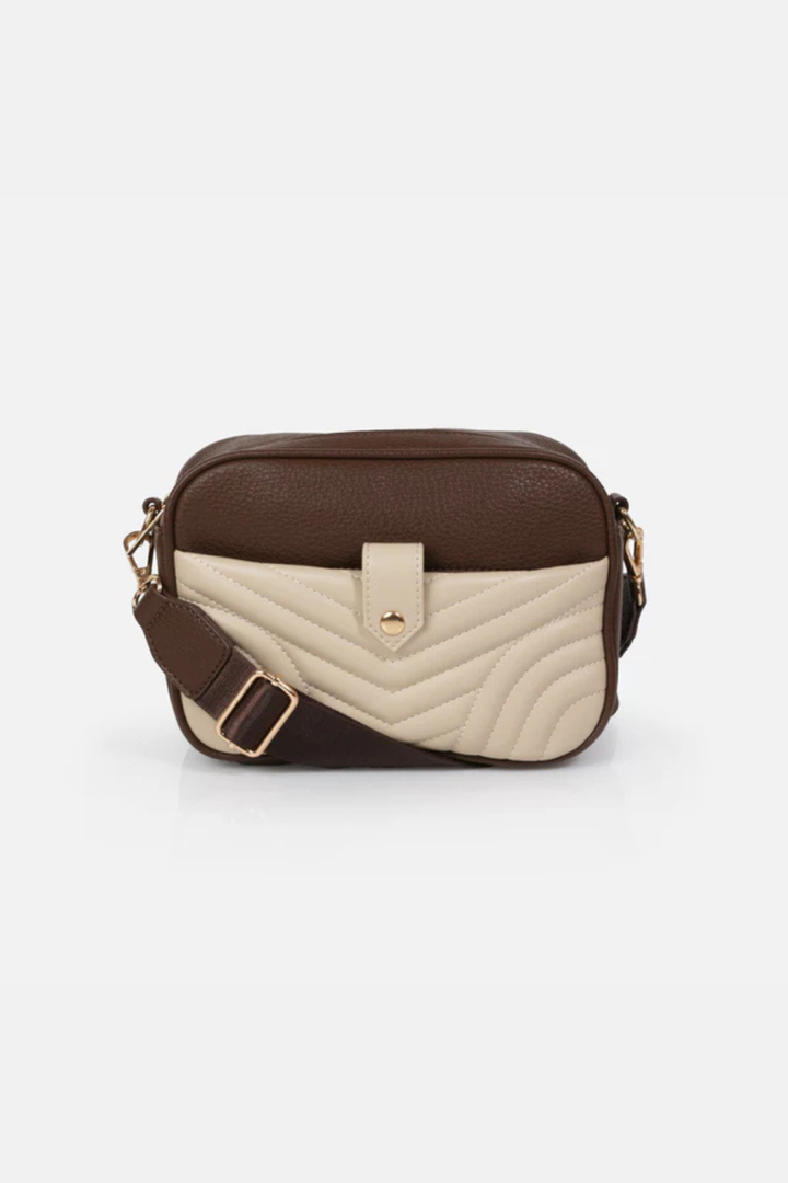 Dark Brown PU Crossbody Handbag &amp; Beige Quilted Clutch - Hot Peppers Clothing
